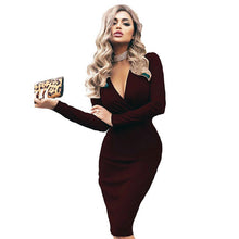 2020 New Fashion Women Package Hip Solid Dress Deep V-Neck Sexy Long Sleeve Fold Office Lady Dresses for Female