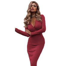 2020 New Fashion Women Package Hip Solid Dress Deep V-Neck Sexy Long Sleeve Fold Office Lady Dresses for Female