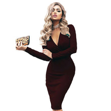 2020 New Fashion Women Package Hip Solid Dress Deep V-Neck Sexy Long Sleeve Fold Office Lady Dresses for Female