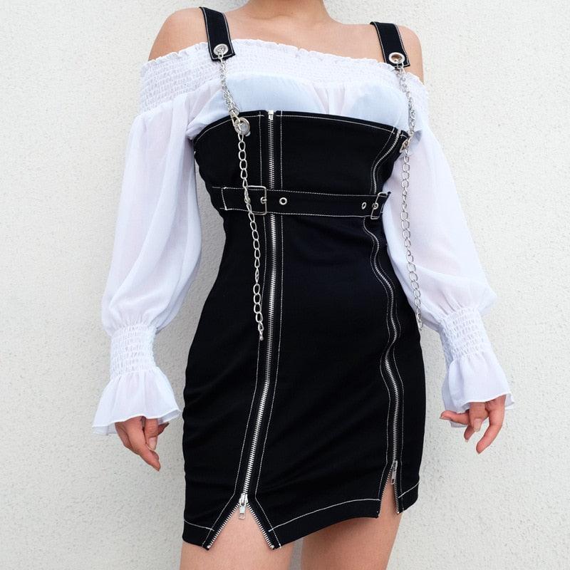 Rockmore Black Chain Zipper Split Straight Strappy Mini Dress Women Buckle Belt Punk Style Casual Dresses Fashion 2019 Summer