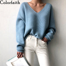 Colorfaith New 2019 Autumn Winter Women's Sweaters V-Neck Minimalist Tops Fashionable Irregular Hem Knitting Casual Solid SW8112