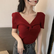Real Photos Girls Twisted V-neck Knitted Short Sleeve Sweater Shirts Woman Stretchable Solid Chic Sweaters Crop Tops