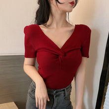 Real Photos Girls Twisted V-neck Knitted Short Sleeve Sweater Shirts Woman Stretchable Solid Chic Sweaters Crop Tops