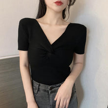 Real Photos Girls Twisted V-neck Knitted Short Sleeve Sweater Shirts Woman Stretchable Solid Chic Sweaters Crop Tops