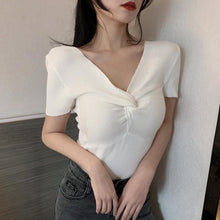 Real Photos Girls Twisted V-neck Knitted Short Sleeve Sweater Shirts Woman Stretchable Solid Chic Sweaters Crop Tops