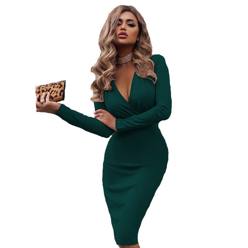 2020 New Fashion Women Package Hip Solid Dress Deep V-Neck Sexy Long Sleeve Fold Office Lady Dresses for Female