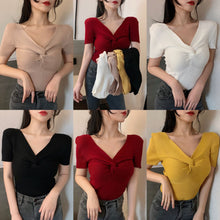 Real Photos Girls Twisted V-neck Knitted Short Sleeve Sweater Shirts Woman Stretchable Solid Chic Sweaters Crop Tops