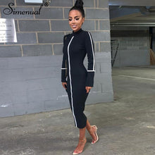 Simenual Casual Bodycon Women Long Dress Fashion Full Sleeve Striped Patchwork  Dresses Fashion Turtleneck Ladies Skinny Dresses