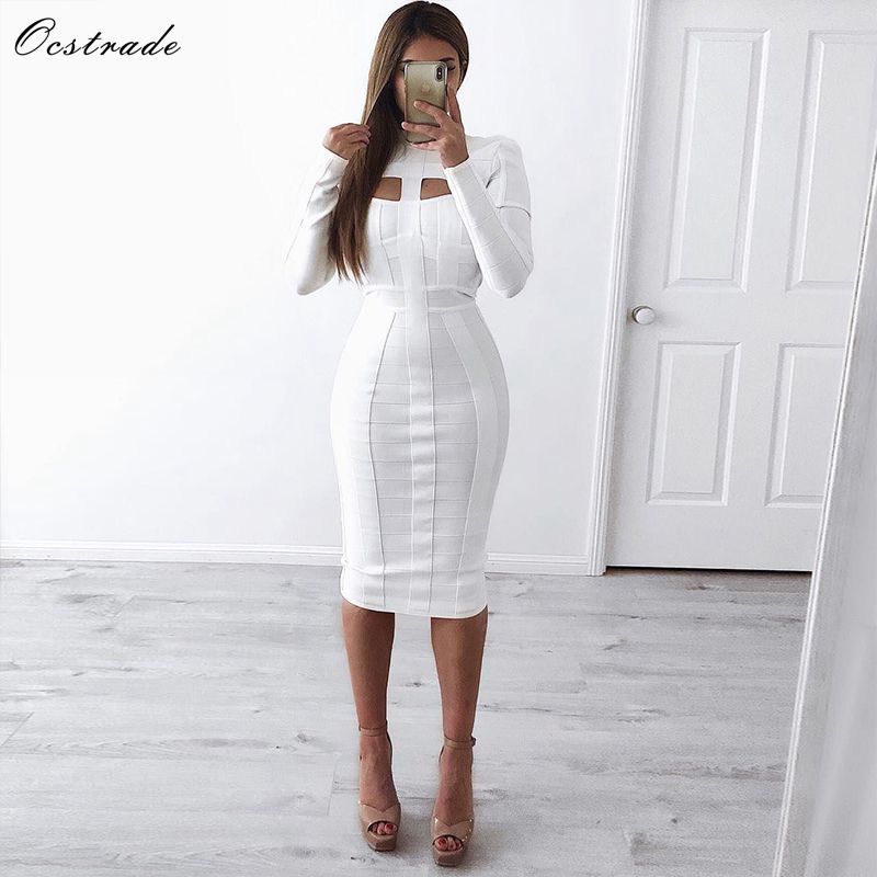 Ocstrade Women White Bandage Dress Bodycon 2020 New Arrivals Sexy Cut Out High Neck Long Sleeve Party Rayon Bandage Midi Dress