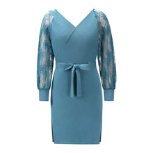 Fashion Autumn Winter Lace Patchwork Knitted Dress Women Casual V Neck Full Sleeve Bandage
