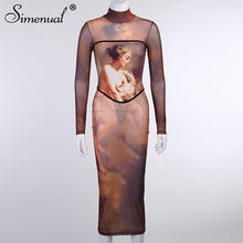 Simenual Ästhetischen Druck Mesh Korsett Bodycon Maxi Kleider Langarm Frauen Sexy Hot Sehen Durch Clubwear Party Kleid Braun Herbst