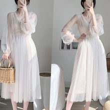 2020 Women Spring Dress Vintage Elegant with Button A-Line Dress Solid Puff Sleeve Lace Voile Mesh Dress Women Vestidos 8126