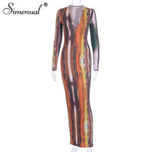 Simenual Printed V Neck Sexy Women Party Dress Long Sleeve Fashion 2020 Spring Skinny Bodycon Clubwear Hot Slim Maxi Dresses