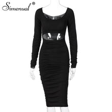 Simenual Geraffte Cut Out Rippen Gestapelt Bodycon Kleider Langarm Sexy Clubwear Herbst 2020 Frauen Kleidung Party Midi Kleid Schlank