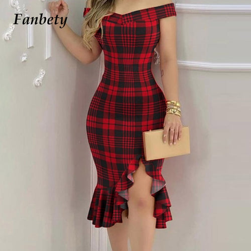 2021 frühling Sommer Neue Mode Party Kleid Frauen Elegante Off Schulter Plaid Print Kleid Sexy Saum Schlitz Schlank Backless Kleid mujer