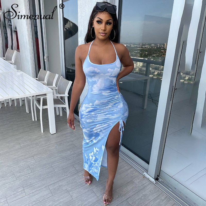 Simenual Tie Dye Kordelzug Seite Slit Frauen Maxi Kleider Strap Ärmelloses Party Club Mode Dünne Backelss Bodycon Halter Kleid