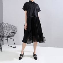 New Fashion Woman Summer Korean Style Black Pleated Shirt Dress Chiffon Patchwork Lapel Ladies Cute Casual Midi Dress Robe 6168