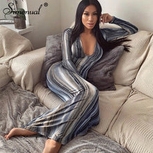 Simenual Printed V Neck Sexy Women Party Dress Long Sleeve Fashion 2020 Spring Skinny Bodycon Clubwear Hot Slim Maxi Dresses