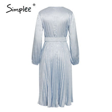 Simplee Elegant blue pleated women party dress A line floral printed female office dress Autumn winter long sleeve blazer dress