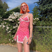 Sweet Floral Dresses Straped Backless Lace Hem Bodycon Mini Dresses Fashion Spring 2020 Hot Pink Dress E-girl Kawaii Dresses