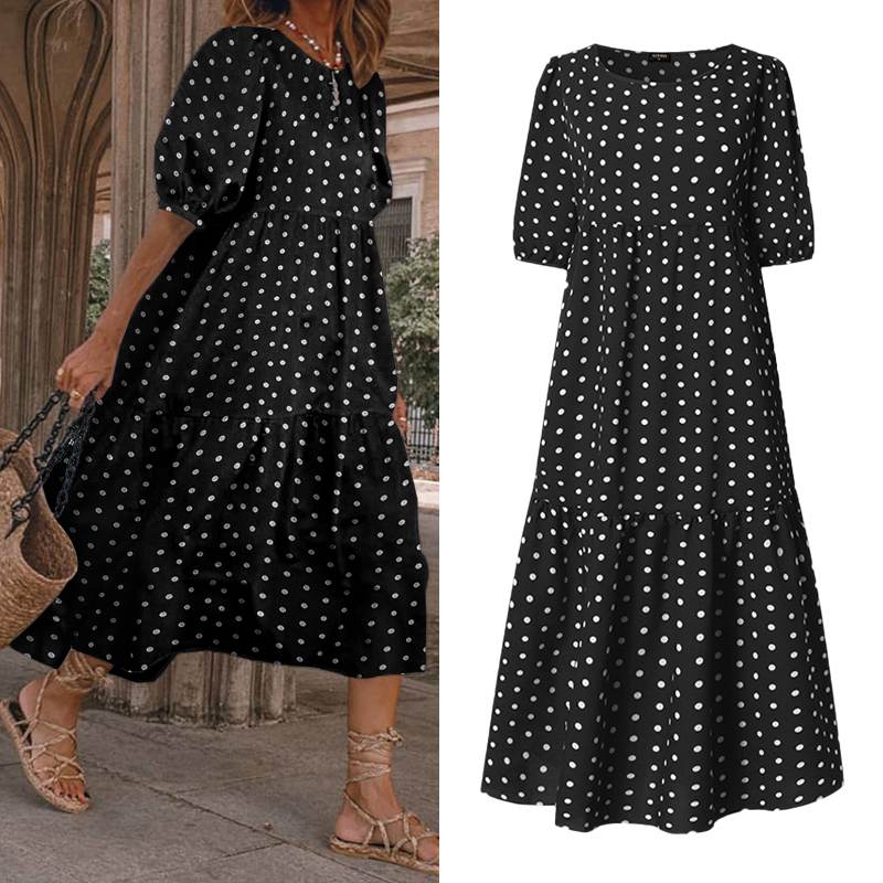 Summer Bohemian Dress Puff Sleeve Sundress 2020 VONDA Vintage Printed Polka Dot Party Dresses Beach Robe Sundress Vestido S-5XL