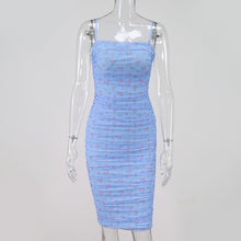 NewAsia Mesh Women Dress Summer 2020 Spaghetti Straps Knee-length Elegant Dress Slim Fit Floral Print Ruched Dresses Blue