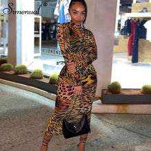 Simenual Mesh Leopard Print Hot Bodycon Maxi Dress Long Sleeve Women Clubwear Party Skinny Fashion Dresses Autumn 2020 Sexy Slim