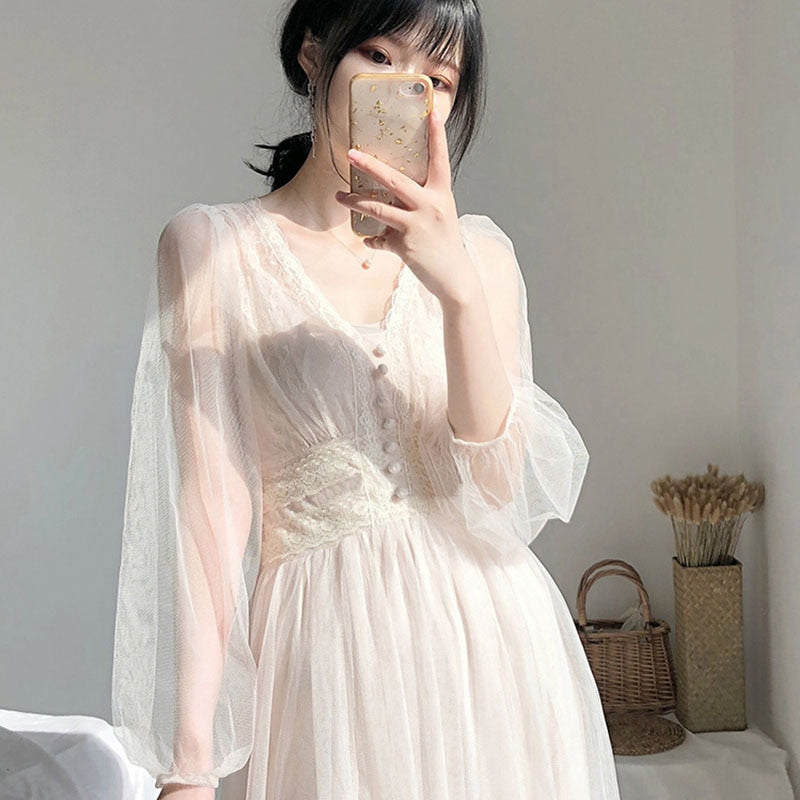 2020 Women Spring Dress Vintage Elegant with Button A-Line Dress Solid Puff Sleeve Lace Voile Mesh Dress Women Vestidos 8126