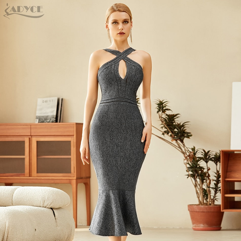 Adyce 2020 Neue Sommer Frauen Grau Halter Bodycon Verband Meerjungfrau Kleid Sexy Aushöhlen Club Promi Runway Party Kleid Vestidos