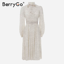 BerryGo Polka dot black elegant dress women Lantern sleeve tie neck long dresses spring A-line office ladies party dress vestido