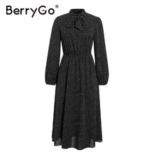 BerryGo Polka dot black elegant dress women Lantern sleeve tie neck long dresses spring A-line office ladies party dress vestido