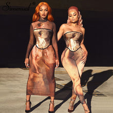 Simenual Ästhetischen Druck Mesh Korsett Bodycon Maxi Kleider Langarm Frauen Sexy Hot Sehen Durch Clubwear Party Kleid Braun Herbst