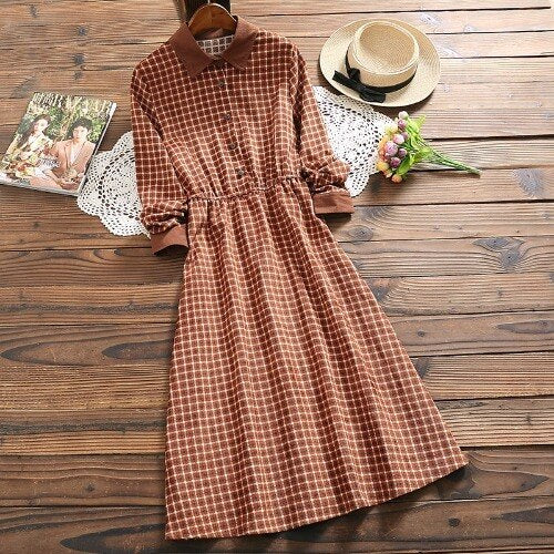 Fashion Plaid Dress Women 2020 Spring Turn-Down Collar Corduroy Long Sleeve Vintage Dresses Retro Ladies Button Dress 7424 50