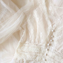 2020 Women Spring Dress Vintage Elegant with Button A-Line Dress Solid Puff Sleeve Lace Voile Mesh Dress Women Vestidos 8126