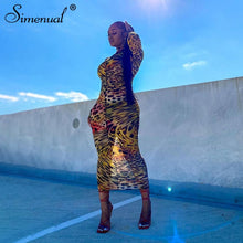 Simenual Mesh Leopard Print Hot Bodycon Maxi Dress Long Sleeve Women Clubwear Party Skinny Fashion Dresses Autumn 2020 Sexy Slim