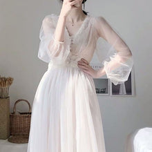 2020 Women Spring Dress Vintage Elegant with Button A-Line Dress Solid Puff Sleeve Lace Voile Mesh Dress Women Vestidos 8126