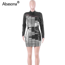 Abasona Sequined Bodycon Party Dresses Sexy Night Club Summer Women 2021 Full Sleeve Tight Mini Dress Sheath Sheer Mesh Black