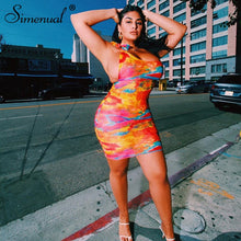 Simenual Sexy Hot Tie Dye Women Bodycon Dress One Shoulder Bandage Fashion Party Mini Dresses Sleeveless 2019 Skinny Print Dress