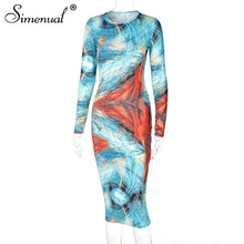 Simenual Printed Sexy Women Long Sleeve Party Dresses Fashion Autumn 2020 Clubwear Skinny Bodycon Midi Dress Hot Female Cloth