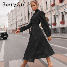 BerryGo Polka dot black elegant dress women Lantern sleeve tie neck long dresses spring A-line office ladies party dress vestido