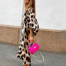 Loose Leopard Print Woman Midi Dress Three Quarter Lantern Sleeve V-neck Dresses Fashion Ladies Summer Antumn Female Clothes