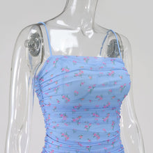 NewAsia Mesh Women Dress Summer 2020 Spaghetti Straps Knee-length Elegant Dress Slim Fit Floral Print Ruched Dresses Blue