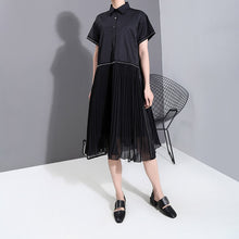 New Fashion Woman Summer Korean Style Black Pleated Shirt Dress Chiffon Patchwork Lapel Ladies Cute Casual Midi Dress Robe 6168