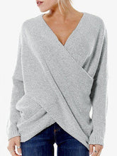 Women Cross V-neck Pullover Long Sleeve Sweaters