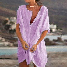 Women V Neck Cotton Linen Asymmetrical Loose Tunic Top T Shirt Blouse Mini Dress