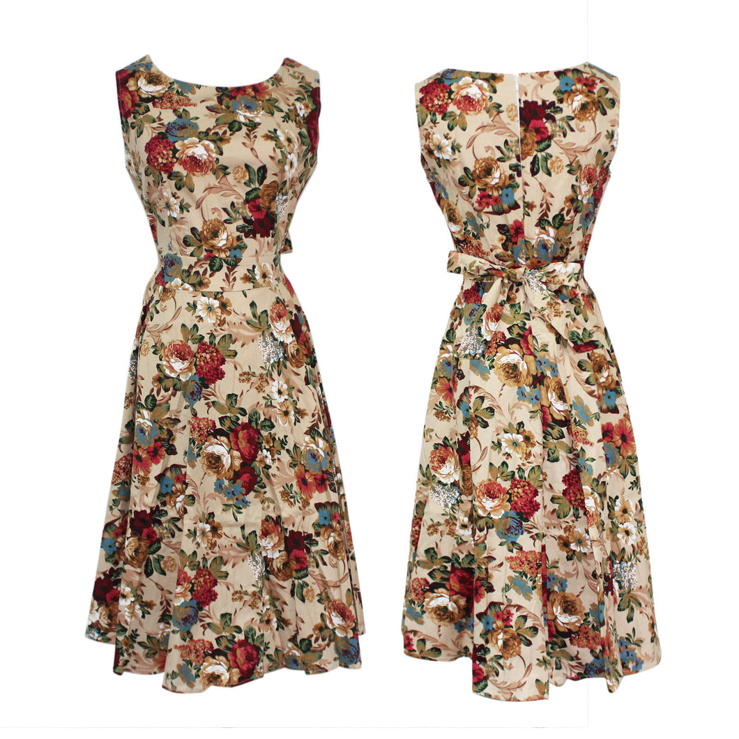 Summer Women Vintage A-Line Dress Tunic Long Sleeveless Floral Print Sundress
