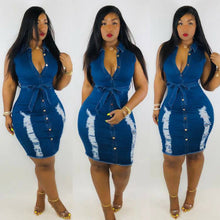 Women V Neck Jeans Denim Ripped Hole Waistband Slim Mini Bodycon Shirt Dress