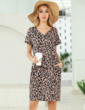 Casual Patterned Adjustable Pockets Short Sleeve V-Neck Women Knee T-Shirt Dress