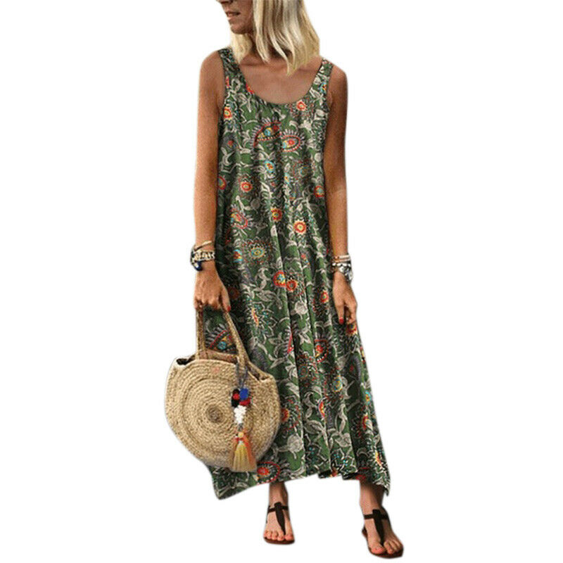 Women Boho Hippie Sleeveless Maxi Dress Beach Holiday Plus Size Loose Sundress