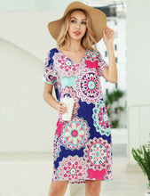 Casual Patterned Adjustable Pockets Short Sleeve V-Neck Women Knee T-Shirt Dress